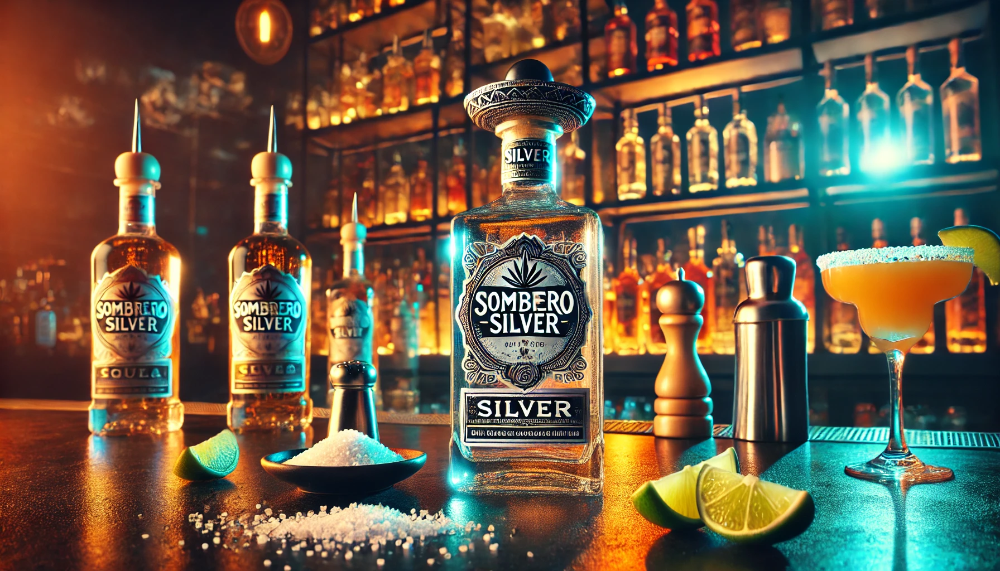 Яскраве зображення пляшок текіли Sombrero Silver, оточених елементами для коктейлів на барній стійці